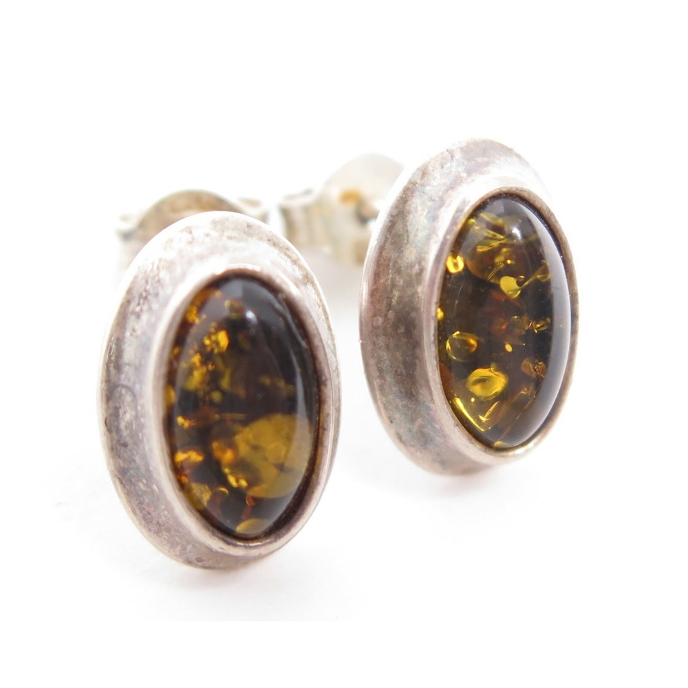 STUNNING VTG FANCY GREEN AMBER OVAL STERLING SILVER 925 HIGH END‎ STUD EARRINGS